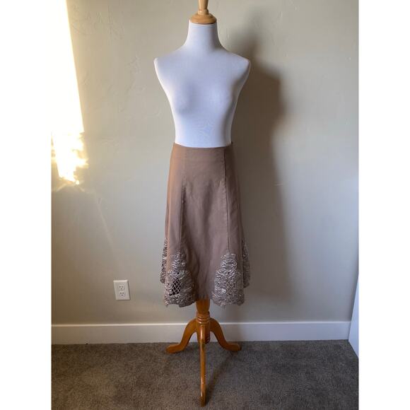 Spiral Brown Embroidered A-Line Cotton Blend Midi Skirt- Size Large - Picture 7 of 9